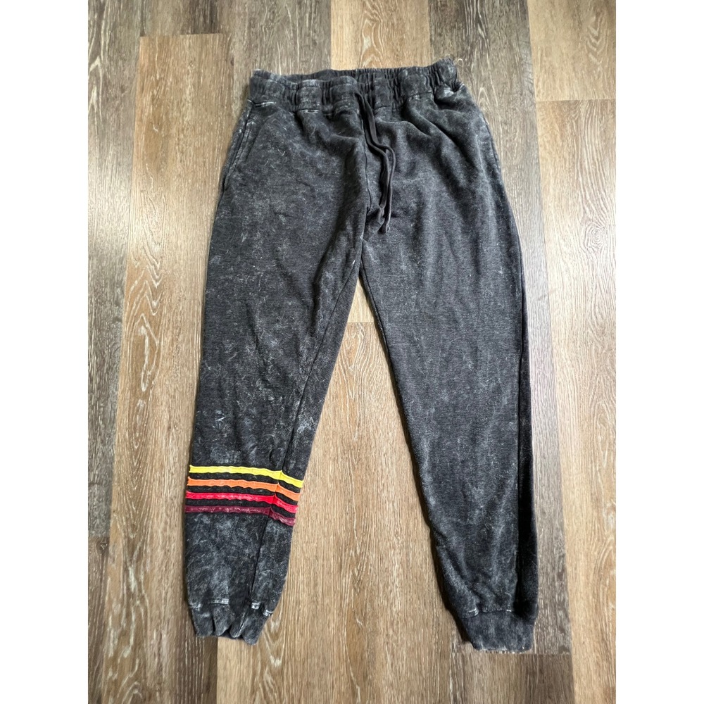 Bloom + Pop Joggers Womens Medium Charcoal Grey Mineral Wash Rainbow Stripe